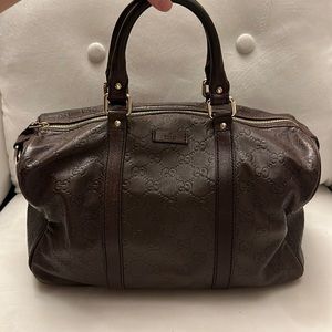 Authentic Gucci Signature Medium Joy Boston bag in dark brown